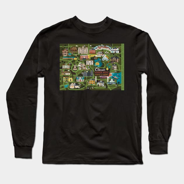 Classic Horror Movie Map Long Sleeve T-Shirt by Lucie Rice Illustration and Design, LLC